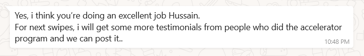 Screenshot of a client feedback message