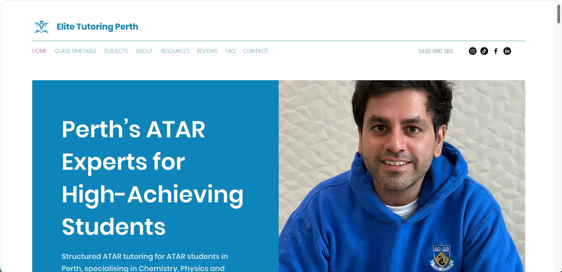 Elite Tutoring Perth website homepage