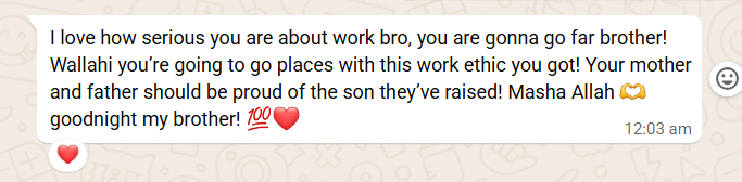 Screenshot of a client feedback message
