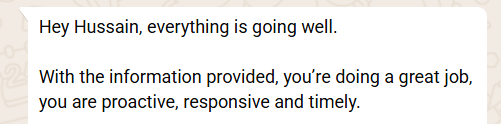 Screenshot of a client feedback message